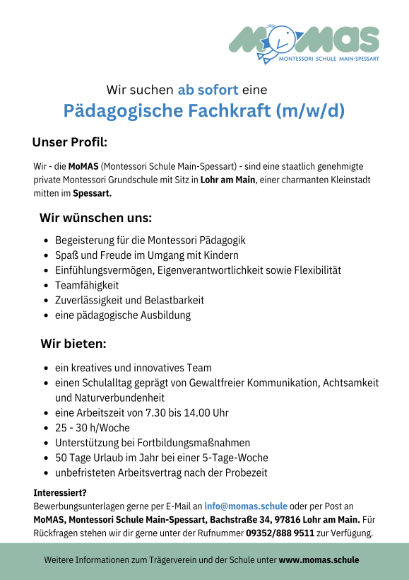 Stellenanzeige Pädagogische Fachkraft - momas Montessori-Schule Main-Spessart